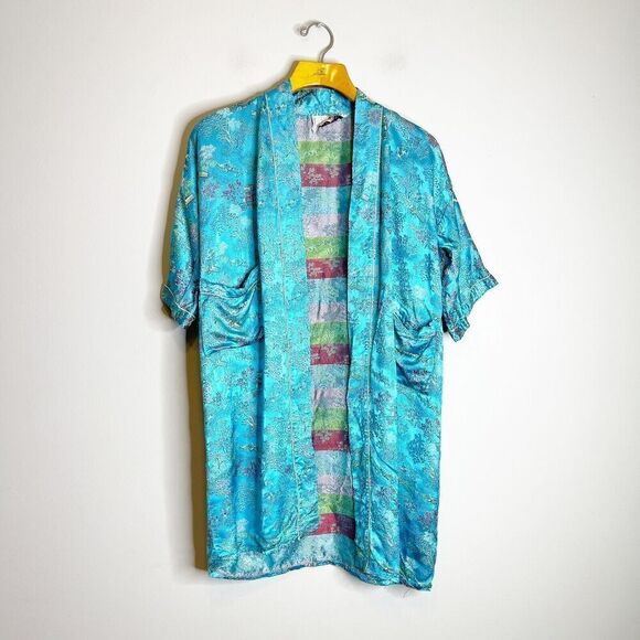 Peony Brand Girls Kimono Size 14 Turquoise Blue Asian Brocade Robe Embroidered - Picture 2 of 6